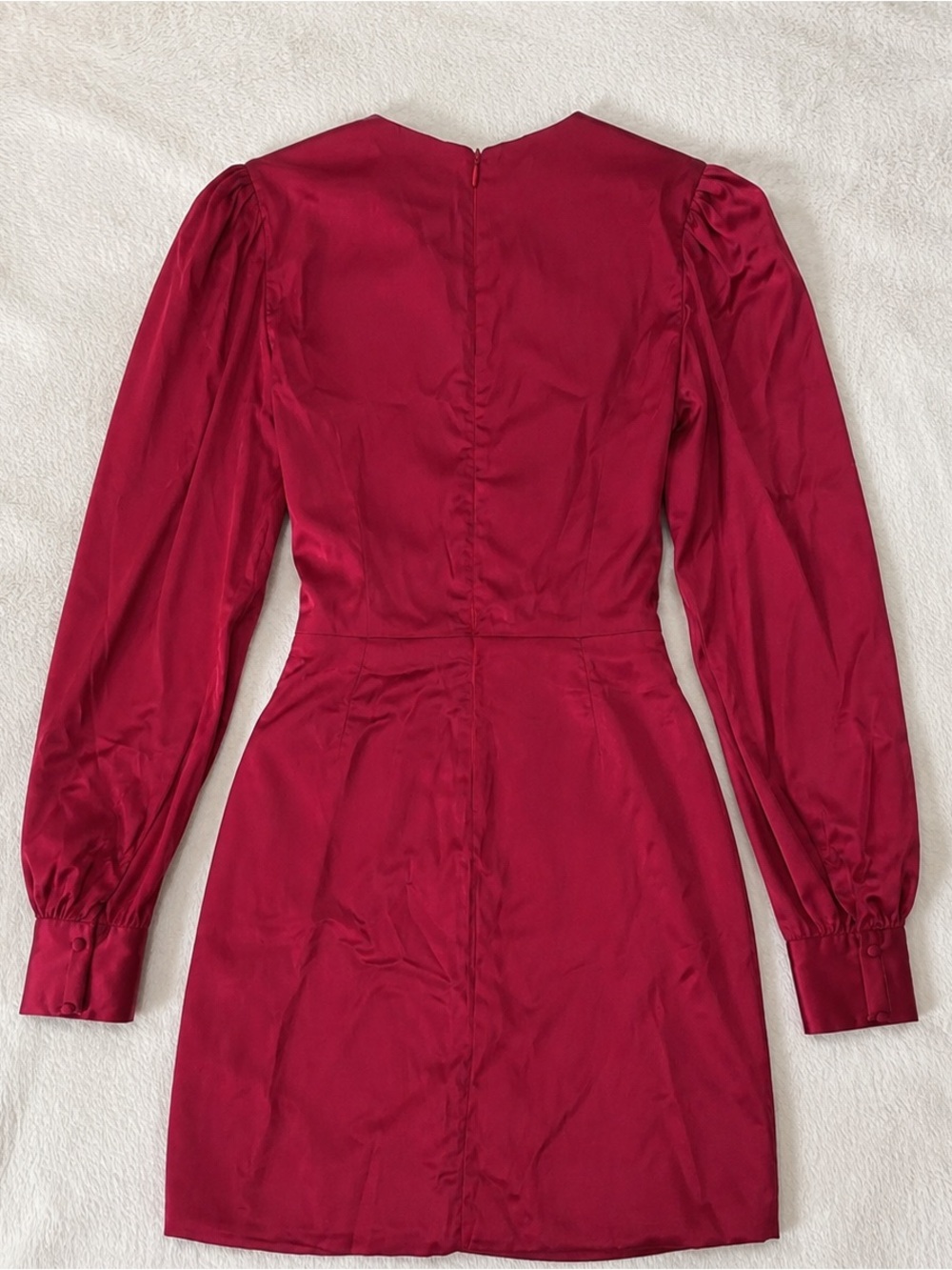 PatBO Ruby Red Satin Ruched Mini Dress Long Sleeve Deep V-Neck Size 8 - Picture 5 of 7